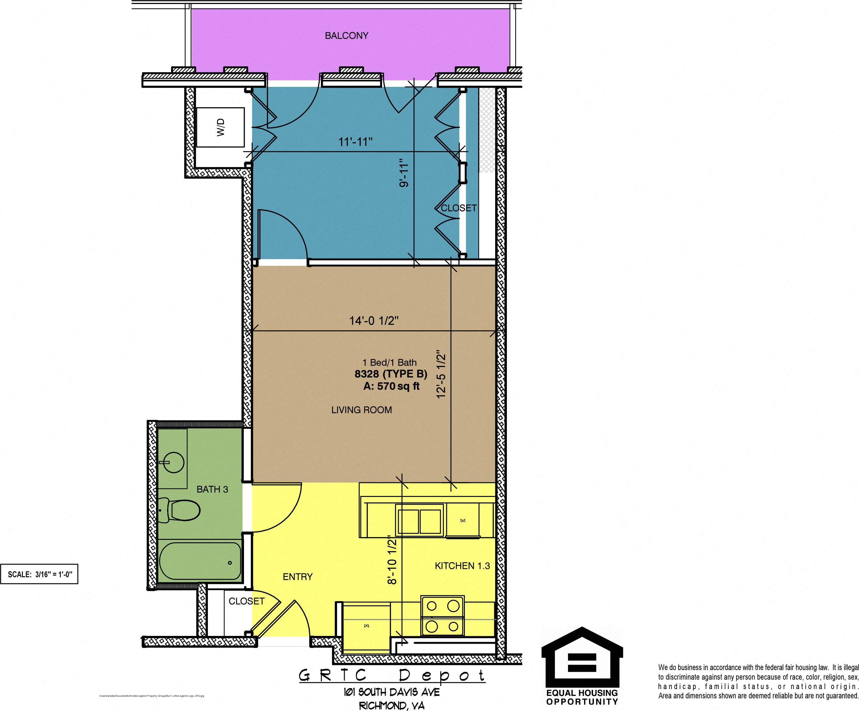 Floor plan for 1 bed, 1 bath, 593 sqft